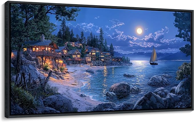CHATYOUNG Coastal Living Room Wall Art, Large Blue Ocean Moon Night Seashore Canvas Black Framed Wall Pictures Modern Artwork Wall Painting for Bedroom Living Room Kitchen Home Office Decor 29x58 IN