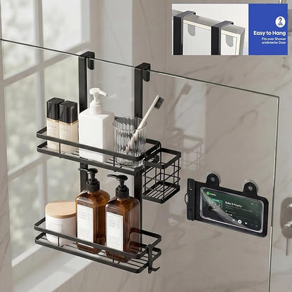 Over the Door Shower Caddy Hanging, Rustproof Shower Shelves with Waterproof Phone Pouch, 2-Tier Adjustable Bathroom Organizers and Storage, No Drilling Shower Shelf, Black Shampoo Soap Holder