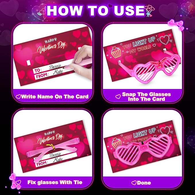 Shemira Valentines Cards for Kids Classroom, 24 Pack Valentines Day Cards with Light Up Glasses, Valentines Day Cards Gifts for Kids School Classroom Exchange, Valentines Gifts for School