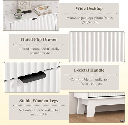 Shoe Cabinet Storage for Entryway with 2 Flip Drawers, Fluted Narrow Shoe Organizer with Wooden Legs, Freestanding Slim Shoe Storage Hidden Shoe Rack Organizer for Front Door Entrance, White