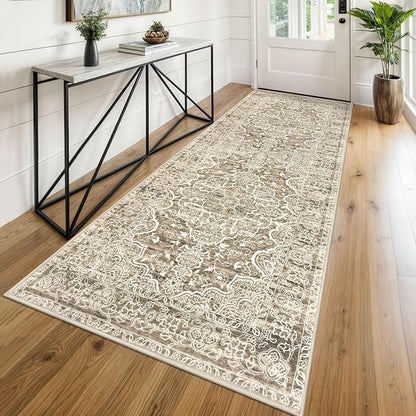 KUTA Washable Kitchen Runner 3x8, Non Skid Washable 8 ft Beige Brown Runners, Printed Vintage Distressed Floral Area Rugs Ultra Soft Carpet for Bedroom Living Room