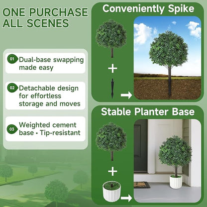 Boxwood Topiary Ball Trees Artificial Outdoor Set of 2, Dual-Base Weighted Planters/Spikes UV Resistant Fake Evergreen Bushes Plants for Front Porch Patio Garden and Door Decor