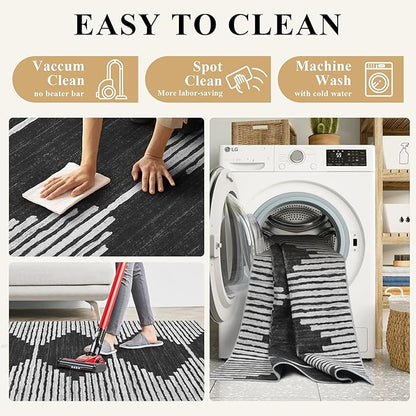 HelloTree Hallway Runner Rug，2.6x10 Moroccan Modern Stripe Carpet Washable Machine Bathroom Runner Bohemian Design Modern Soft Non Slip Indoor Rug for Entryway Hallway Laundry Room Bedroom-Black