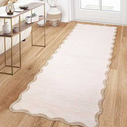 GarveeHome Scalloped Washable Runner Rug 2x6 Non Slip Kitchen Rugs Modern Beige Indoor Entryway Rug Farmhouse Soft Bath Mat Stain Resistant Carpet for Bedroom Hallway Laundry 2 ft x6 ft Beige