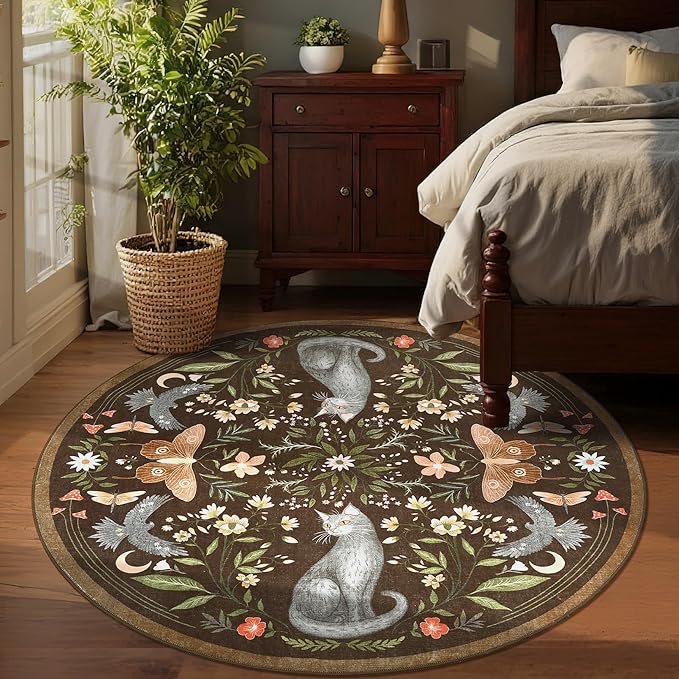 GarveeHome Round Area Rugs 5ft for Bedroom, Cat Brown Washable Circle Rug Soft Non Slip Mushroom Floral Floor Mat Carpet Indoor Thin Rug for Bedroom Dining Room Playroom Nursery Gothic Decor