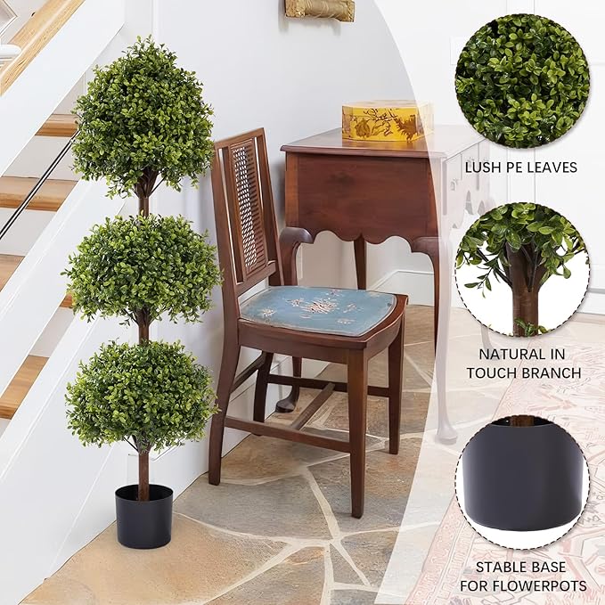 THE BLOOM TIMES 55" Tall Artificial Boxwood Triple Ball Topiary Trees, UV Resistant Large Fake Potted Plants for Outdoor Planter, Realistic Faux Bushes Shrubs for Front Porch Outside Decor Set of 2