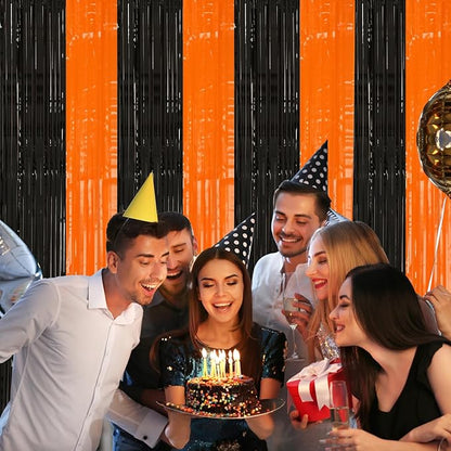 2 Pack Black and Orange Tinsel Foil Fringe Curtain, 3.2Ftx8.2Ft Halloween Backdrop Curtains Photo Booth Props Streamers Christmas Birthday Party Anniversary Wedding Retirement Decorations