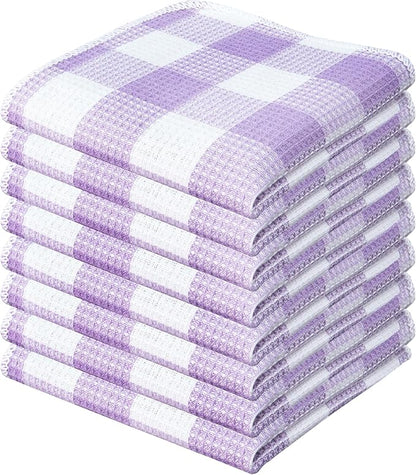 Waffle Weave Plaid Dish Cloths, 100% Cotton - 12 x 12 Inches, Ultra Soft Absorbent Quick Drying Dish Towels Buffalo Check Dish Rags for Kitchen, 8 Pack - Fall Thanksgiving- Lavender & White