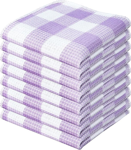 Waffle Weave Plaid Dish Cloths, 100% Cotton - 12 x 12 Inches, Ultra Soft Absorbent Quick Drying Dish Towels Buffalo Check Dish Rags for Kitchen, 8 Pack - Fall Thanksgiving- Lavender & White