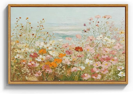 InSimSea Vintage Framed Canvas Art, Vintage Coastal Wildflower Field Painting, Hand-Painted Landscape Textured Artwork for Living Room Hallway,16x24in,Nature Serene Wall Shelf Decor Aesthetic