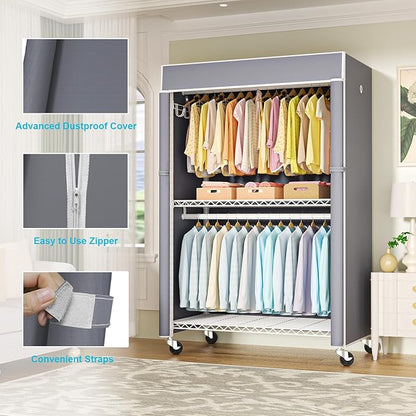 White Clothing Rack with Grey Cover, P1C Plus Rolling Closets with Wheels, Metal Garment Rack for Hanging Clothes, Clothing Storage Wardrobe, 46" W x 18.5" D x 80.7" H, Load 524 Pounds