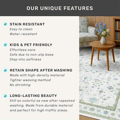 Oushak Wide Hallway Runner Rug 2'6"x8' - Vintage Turkish Floral, Washable Low Pile Non Slip Extra Long Runners for Kitchen, Hall Way - Cream Blue and Green