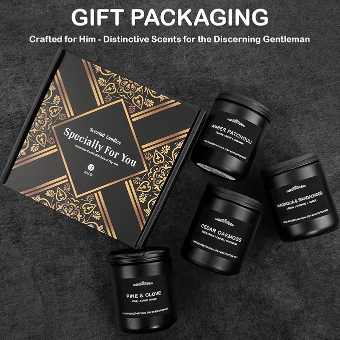 Scented Candles for Men, 4 Pack Candles for Home - Gifts for Men - 28oz 200 Hour Long Lasting Scented of Cedar Oakmoss/Pine & Clove/Magnolia & Sandalwood/Amber Patchouli