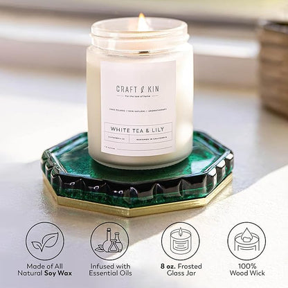 Craft & Kin White Tea & Lily Scented Candle | 8 Oz 45 Hour Long Lasting | Classic Soy Scented Woodwick Holiday Candles | Made with Natural Soy | Winter Candles Gifts for Men and Women
