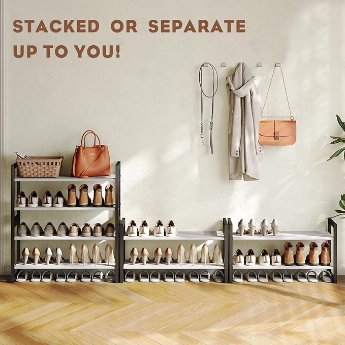 Shoe Rack for Closet & Entryway, Stackable 2-Tier Shoe Organizer, Welded Metal Frame, Semi-Assembled Fast Setup, 11.8" Deep Non-Woven Shelves, Space-Saving Shoe Storage, Black