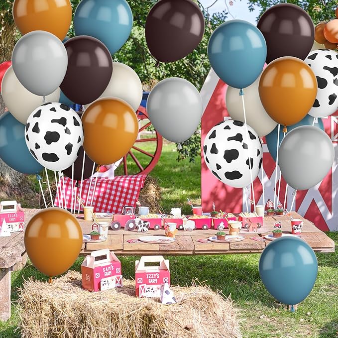 Cowboy Western Party Balloons 12 Inches 50pcs Cow Print Balloons, Coffee Brown Blue Cow Balloons for Cowboys Cowgirls Rodeo Party Birthday Baby Shower Western Farm Animals Cow Themed Party Decor