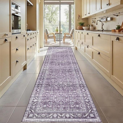 OPPODREAM Thin Vintage Purple 3x10 Runner Rug, 3 x 10 Retro Washable Rug Non Slip, Low-Pile Faux Wool Carpet, Distressed Floor Mat for Kitchen, Hallway, Entry-Way, Entrance, Indoor Back Door