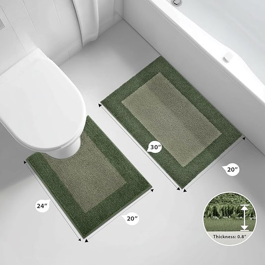 Bathroom Rugs U-Shaped 20" x 24", Non-Slip Extra Soft Absorbent Bath Rugs, Machine Washable Quick Dry Bath Mats for Toilet Base, Sage Green & Budding Green