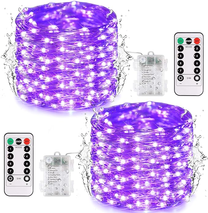 JMEXSUSS 2 Pack Halloween Fairy Lights Battery Operated, Total 400 LED 132ft Purple Halloween String Lights Indoor with Remote, 8 Modes Copper Wire Twinkle Lights for Bedroom Wall Tree Decor