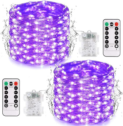 JMEXSUSS 2 Pack Halloween Fairy Lights Battery Operated, Total 400 LED 132ft Purple Halloween String Lights Indoor with Remote, 8 Modes Copper Wire Twinkle Lights for Bedroom Wall Tree Decor