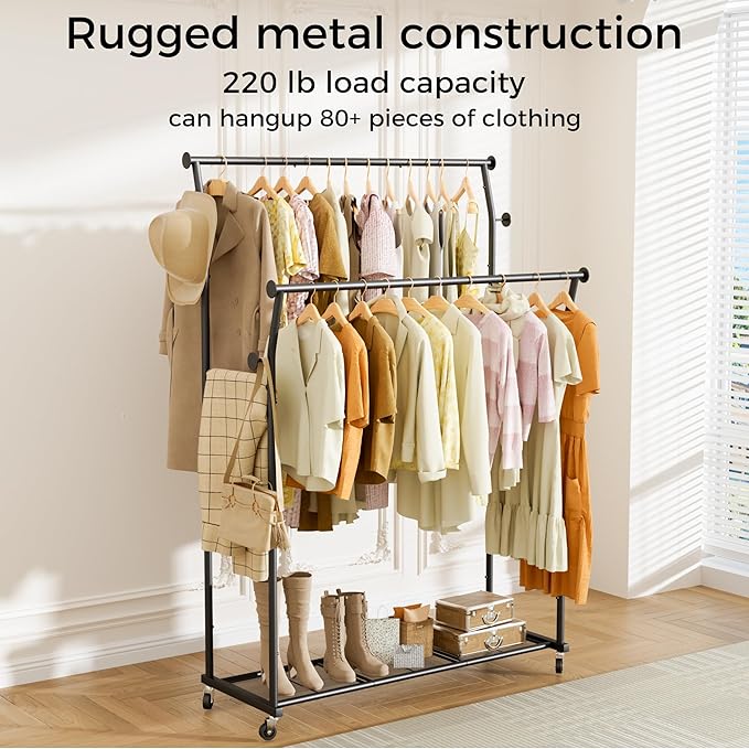 Double Rods Clothes Rack, Rolling Clothing Rack for Hanging Clothes with Hooks&Mesh Shelf, Portable Wardrobe Rack, Metal Coat Rack Sturdy Garment Rack for Bedroom Laundry Living Room Storage, Black