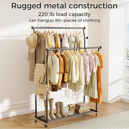 Double Rods Clothes Rack, Rolling Clothing Rack for Hanging Clothes with Hooks&Mesh Shelf, Portable Wardrobe Rack, Metal Coat Rack Sturdy Garment Rack for Bedroom Laundry Living Room Storage, Black