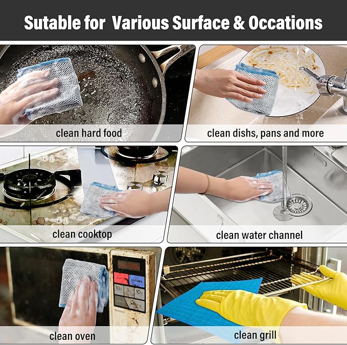 Dish Rags for Washing Dishes 8 Pack Multipurpose Wire Miracle Cleaning Coths Non-Scratch Wire Dishwashing Rag Lint Free Microfiber Cleaning Cloth for Kitchen Windows (Blue)