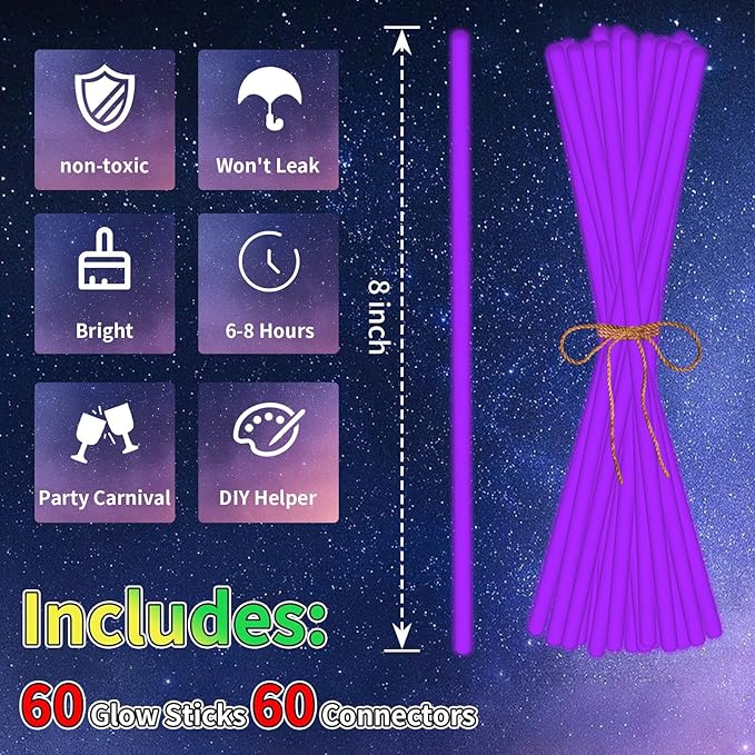 60 Pack 8” Purple Glow Sticks Bulk with 60 Connectors Neon Glow In The Dark Party favors Supplies for Holiday Birthday Party Decoration (Purple)