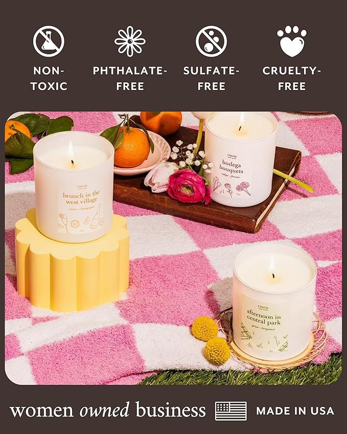 Literie NYC Inspired Scented Candle: Late Fees at The Library - Paper & Linen Scent, 9oz, 50 Hour Burn, Vegan Soy & Coconut Blend Candle for Home Decor, Gift for Women & Men