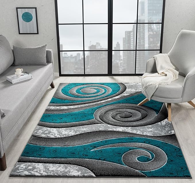 Ultra Soft Area Rug Hand Carved - Modern Abstract Design for Indoor Living Room & Bedroom - Stain Resistant, Easy to Clean - (5x7, Turquoise)