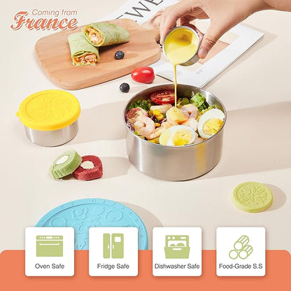 Stainless Steel Food Container, Set of 6, Nesting Bowls with Colorful Lids, stackable leakproof Metal Lunch Box Set for Kids, Daycare, School, Travel. Sauce Salad dressing Container to go (Harmony)