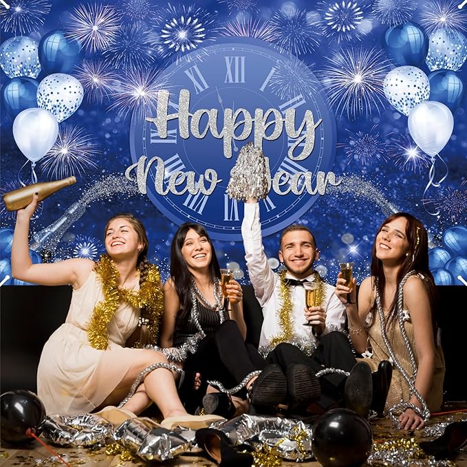MEHOFOND Happy New Year Backdrop Blue 2026 New Year Eve Party Decorations Banner Supplies Shining Champagne Balloons Firework Photography Background New Years Eve Photo Studio Props 6 x 3.6 ft