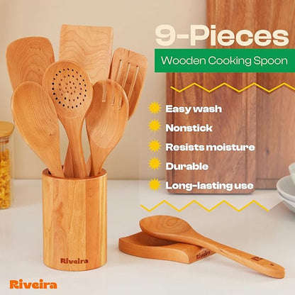 Riveira Cherry Wooden Spoons for Cooking Set of 9 – Natural Cherry Wooden Cooking Utensils, Wooden Spatula, Wooden Spoon - Premium Quality Wooden Utensil Set for Non-Toxic Cooking