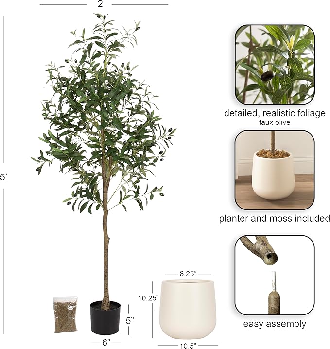 Kate and Laurel Oliveira Faux Olive Tree with Jia Curved Planter Pot, 5 FT, Cream, Potted Artificial Tree Indoor with Realistic Foliage and Added Moss, Fake Plant for Living Room Decor