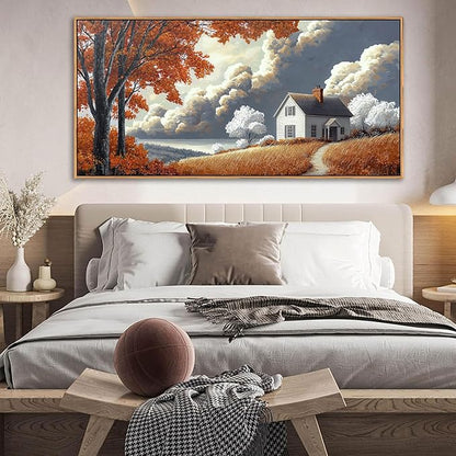 QZQCBLC Large Canvas Wall Art, White Clouds Orange Trees Gallery Pictures Farmhouse Cottage Painting Framed Artwork for Living room Bedroom kitchen Home Office Wall Decor 29x58 IN
