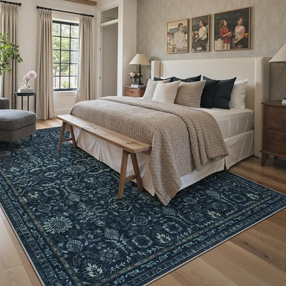Lahome Navy Blue 8x10 Area Rugs for Living Room,Boho Machine Washable Dining Room Area Rugs,Dark Vintage Thin Stain Resistant Carpets for Bedroom Dorm Home Office