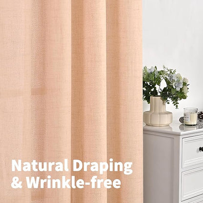 YoungsTex Peach Linen Semi Sheer Curtains 40 Inches Long for Kitchen Cafe Window, Short Drapes with Bronze Grommet Privacy Light Filtering for Living Room Bathroom Bedroom, 42 x 40 Inch, 2 Panels