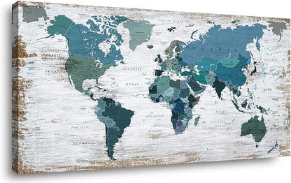 Teal Decor World Map Canvas Wall Art Pictures for Living Room Wall Decoration Blue Wall Decor Office World Map Wall Art Picture Framed Artwork for Home Bedroom Decoration 30"x60"