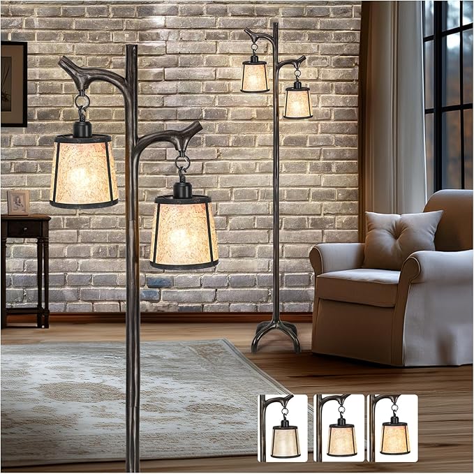 68" Farmhouse Floor Lamp with Mica Shade for Living Room,Modern Industrial Vintage Standing Floor Lamp for Bedroom,Stepless Dimmable Rustic Tree Trunk Tall Lamp for Office,Living Room (Bulb Included)