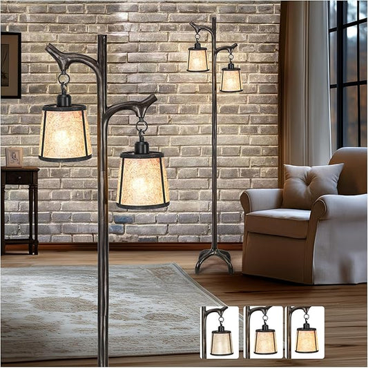68" Farmhouse Floor Lamp with Mica Shade for Living Room,Modern Industrial Vintage Standing Floor Lamp for Bedroom,Stepless Dimmable Rustic Tree Trunk Tall Lamp for Office,Living Room (Bulb Included)