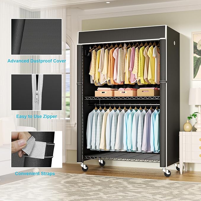 Black Clothing Rack with Black Cover, P1C Plus Rolling Closet with Wheels, Metal Garment Rack for Hanging Clothes, Clothing Storage Wardrobe, 46" W x 18.5" D x 80.7" H, Load 524 Pounds