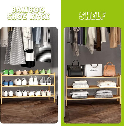 BMOSU 3-Tier Bamboo Extended Shoe Rack Premium Stackable Shoe Shelf Storage Organizer for Hallway Closet Living Room Entryway Organizer(Natural)