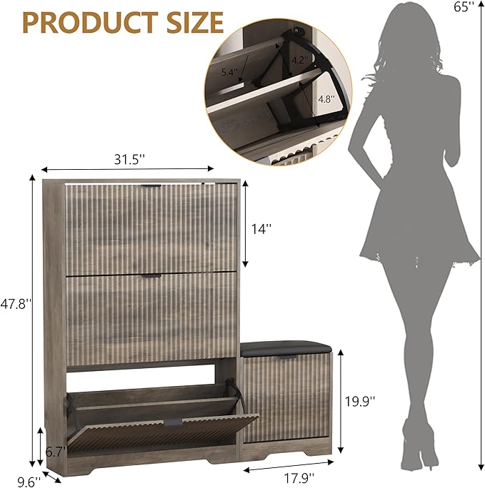 Shoe Cabinet Storage for Entryway with 4 Flip Drawers, Grey Fluted Shoe Cabinet with Bench, Wooden Hidden Shoe Rack Freestanding Narrow Slim Shoes Storage Organizer for Hallway, Entrance