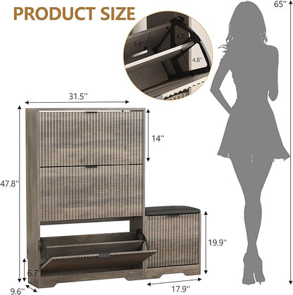 Shoe Cabinet Storage for Entryway with 4 Flip Drawers, Grey Fluted Shoe Cabinet with Bench, Wooden Hidden Shoe Rack Freestanding Narrow Slim Shoes Storage Organizer for Hallway, Entrance