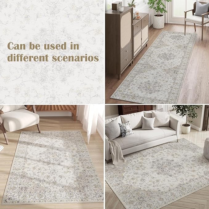 jinchan 8x10 Area Rugs Machine Washable Rug for Living Room - Stain Resistant Vintage Floral Medallion Ultra-Thin Low Pile Non-Slip Indoor Carpet for Bedroom Dining Room Kitchen (8x10ft,Grey)