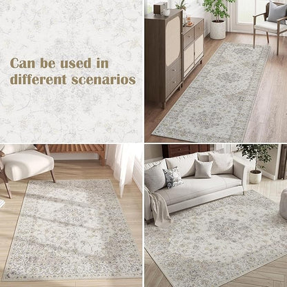 jinchan 8x10 Area Rugs Machine Washable Rug for Living Room - Stain Resistant Vintage Floral Medallion Ultra-Thin Low Pile Non-Slip Indoor Carpet for Bedroom Dining Room Kitchen (8x10ft,Grey)