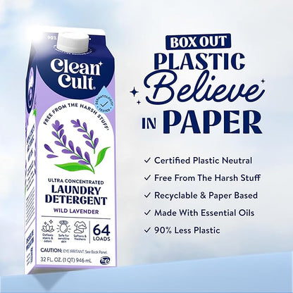 Ultra Concentrated Liquid Laundry Detergent Soap, 64 loads (32 oz), Long Lasting Scent, 90% Less Plastic, No Harsh Chemicals, Wild Lavender, Defeats Stains & Odors, HE/Standard Compatible