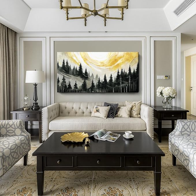 ARTZON Oversized Abstract Canvas Wall Art- Modern Black Gray Yellow Forest Picture Print Pine Trees Landscape Nature Horizontal Minimalist Artwork for Living Room Bedroom Office Decor 58"x29"