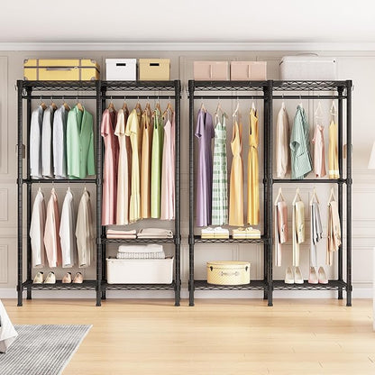 H18 Garment Rack for Hanging Clothes, 3 Tiers Portable Closet with 2 Hanger Rods, Freestanding Clothes Rack, 44.9" W x 14.6" D x 76.4" H, Max Load 600lbs, Black
