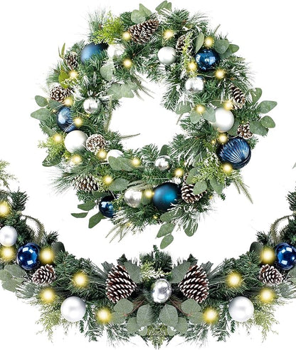 WANNA-CUL Pre-Lit 30 Inch Large Christmas Wreath for Front Door with 50 Led Lights, Silver Blue Lighted Christmas Door Wreath Decor with Ball Ornaments,Pine Cones, Battery Operated